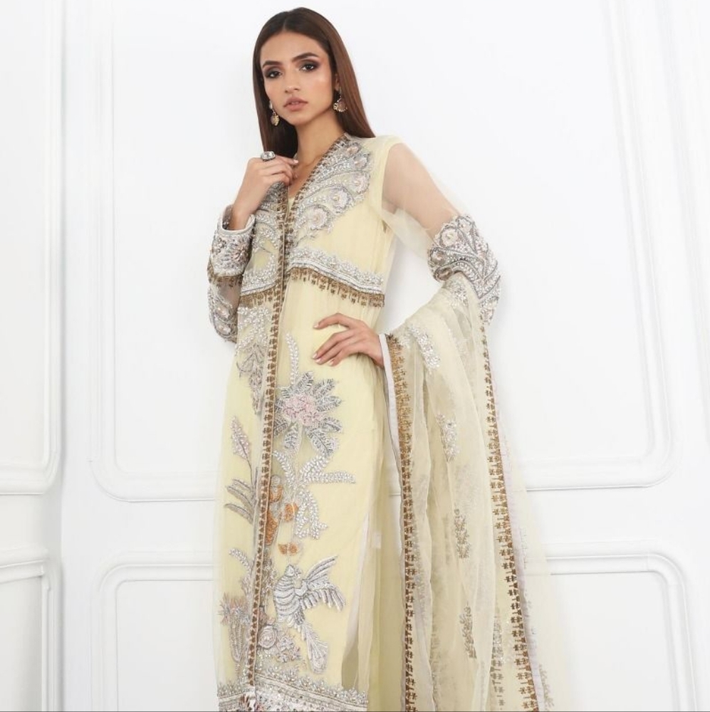 Elegant Pale Yellow Embroidered Women Salwar